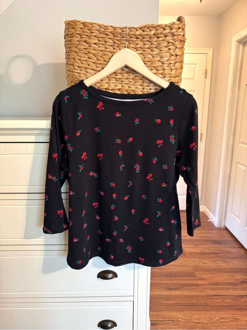 Charter Club Black Floral Top Petite XL Supima Cotton 3/4 Sleeve Rose Print